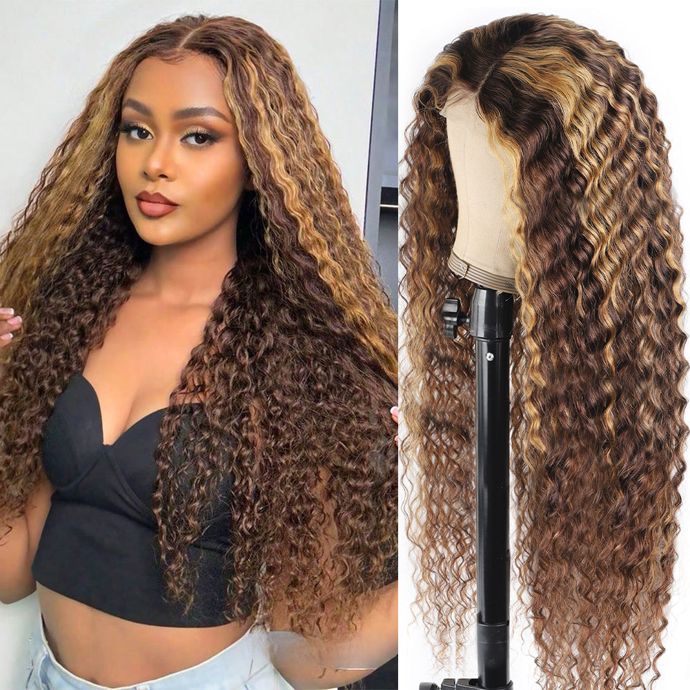 (Super Deal)Highlight P4/27 Human Hair Deep Wave 13x4 Lace Front Wig HD Transparent Lace Front 100% Human Hair Wig