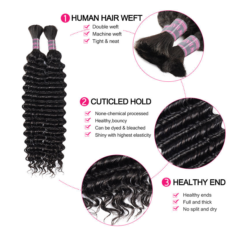 Hairsmarket Deep Wave Human Boho Braiding Hair Deep Wave Bulk Human Hair 1/3/4 Bundles Hair Extensions For Braiding