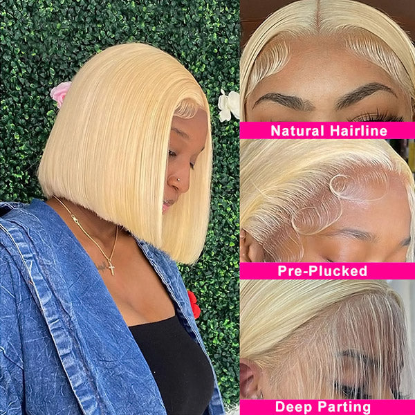 613 Blonde Short Bob Wigs Transparent Straight Hair 4×4 Lace Closure Wig 150%