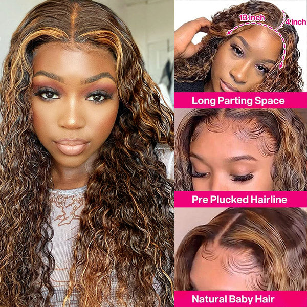 (Super Deal)Highlight P4/27 Human Hair Deep Wave 13x4 Lace Front Wig HD Transparent Lace Front 100% Human Hair Wig