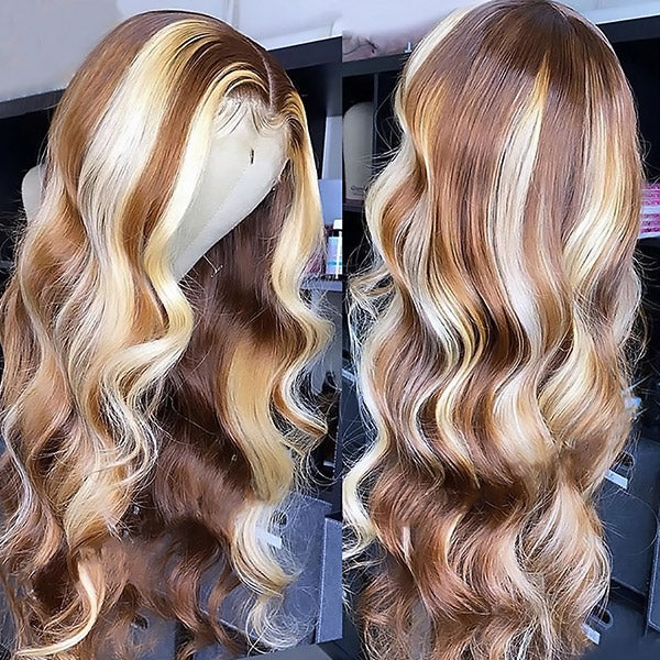 P4/613 Body Wave Wig Brown With Blonde Highlight 13x4 HD Lace Front Wigs
