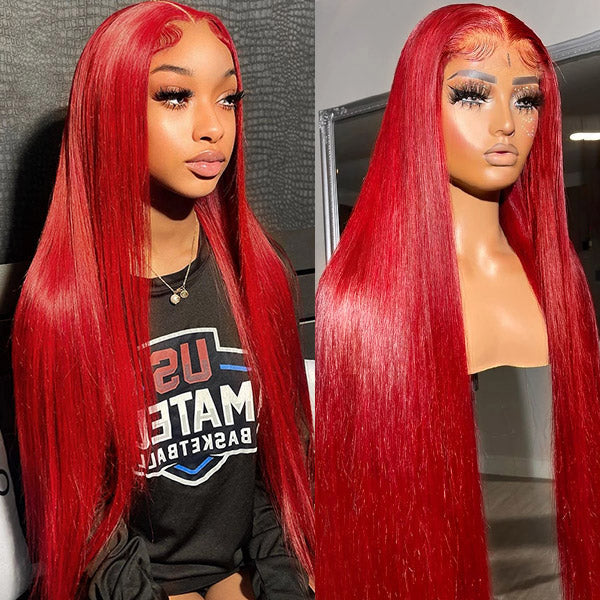 Red Human Hair Wigs Glueless Straight Wigs 13x4 HD Lace Front Wig 30 Inch Colored Wear and Go Wig