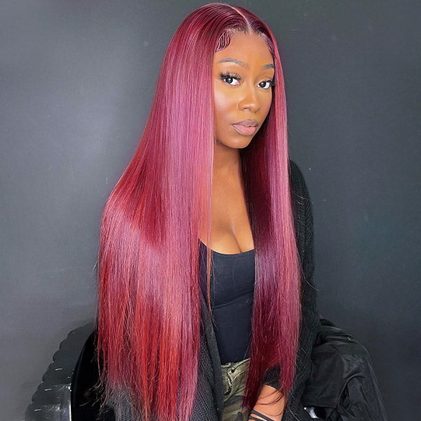 Wear And Go Wigs Burgundy 13x4 Lace Front Wigs Straight Human Hair 99J Glueless Wigs