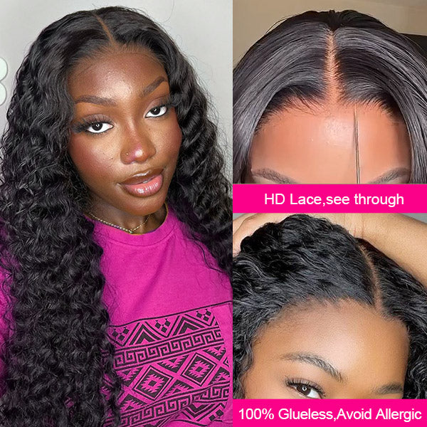 Pre Cut Glueless Lace Wigs 4x4 Deep Wave Closure Wig With Elastic Band 30 Inch Long Wigs