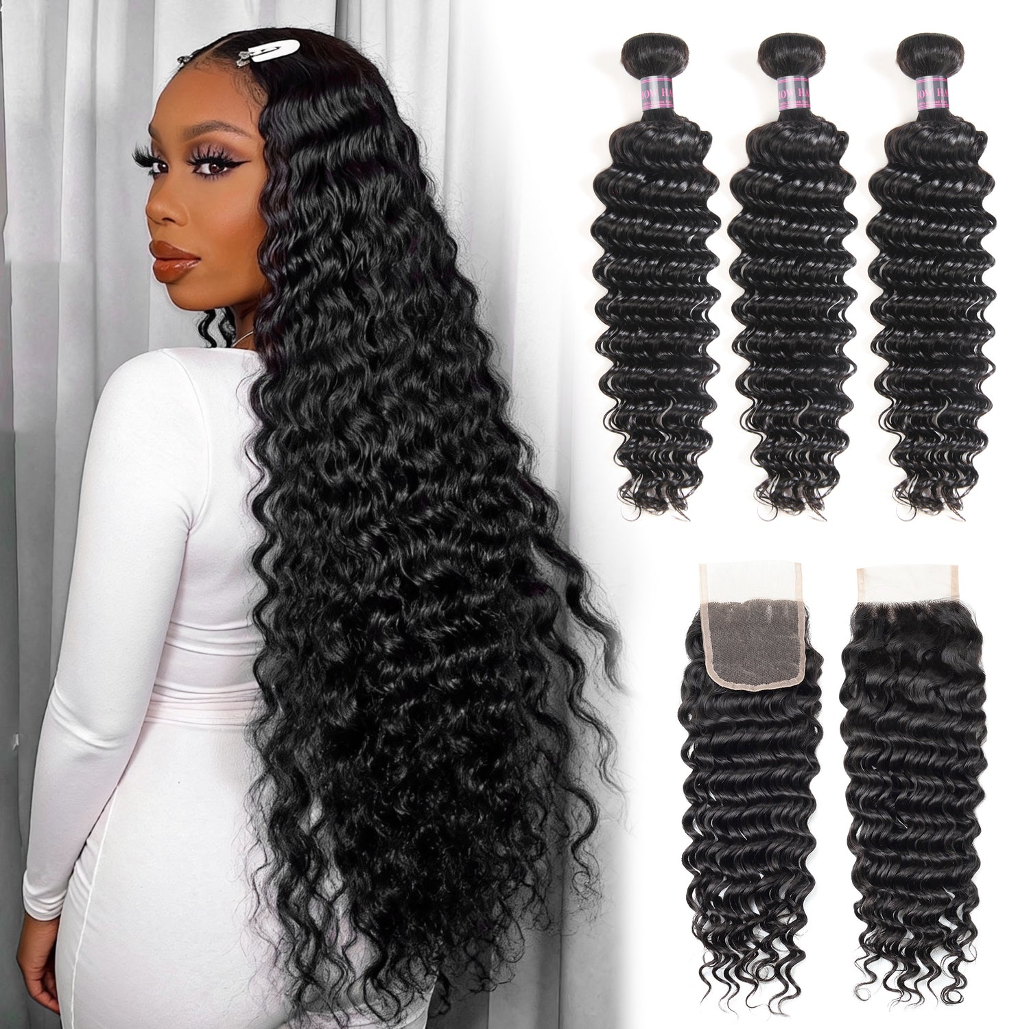Hairsmarket Deep Wave Bundles with Closure Brazilian Hair 3 Bundles with 4x4 Lace Closure Virgin Hair Weave