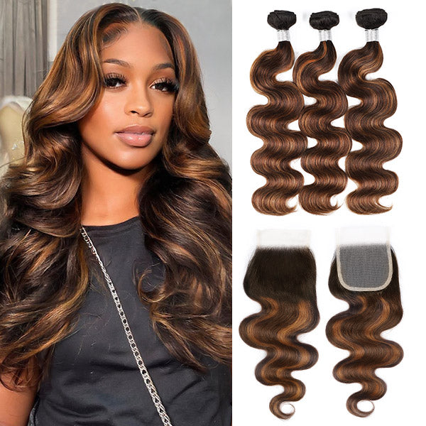 Hairsmarket T1B/4/30 Brown Balayage Highlight Human Hair 3 Bundles Wit
