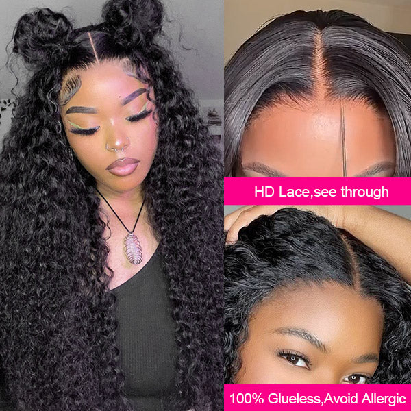 Wear & Go Kinky Curly Glueless Wigs 5x5 HD Lace Closure Wigs Pre Bleached Knots Human Hair Wig
