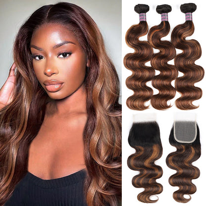 Overnight Shipping T1B/4/30 Brown Balayage Highlight Human Hair 3 Bundles With 4x4 Lace Closure