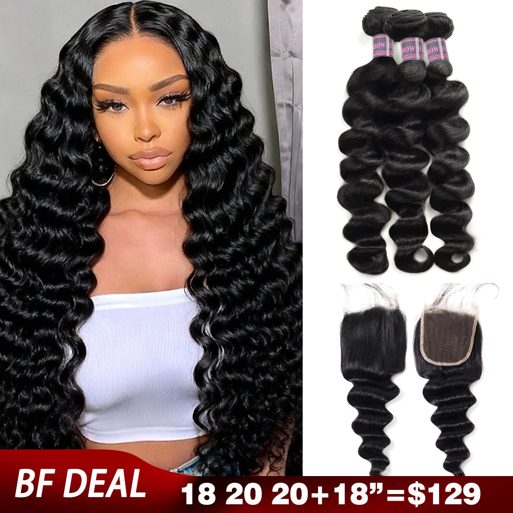 (Super Deal)Human Hair Loose Deep Bundles With 4x4 Closure 9A Raw Virgin Human Hair Extension