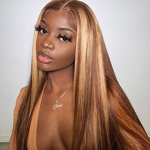 Wear & Go Wigs Highlight Honey Blonde Glueless Wigs Straight Hair 13x4 Lace Front Wigs Pre Cut Lace