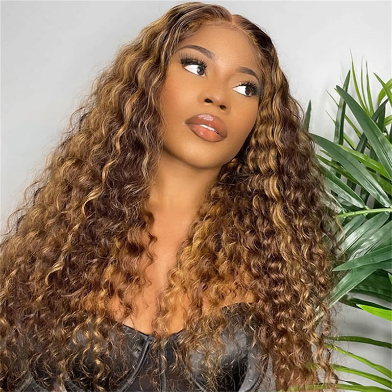 P4/27 Deep Wave Glueless Wigs Highlight Colored Human Hair Wigs 5x5 Lace Closure Wig No Glue