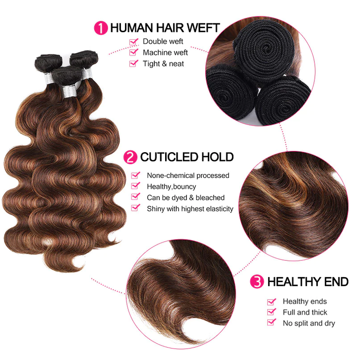 Hairsmarket #FB30 Brown Balayage Highlight Human Hair 3 Bundles With Lace Closure