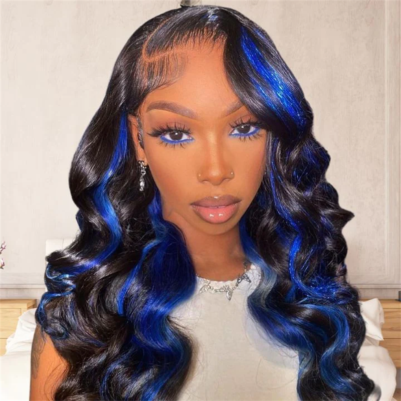Hairsmarket Ginger Highlight Glueless Wigs Body Wave 13x4 HD Lace Front Wig Blue Highlight Colored Human Hair Wigs