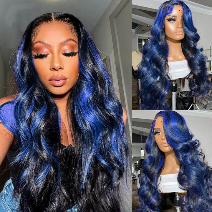 Hairsmarket Ginger Highlight Glueless Wigs Body Wave 13x4 HD Lace Front Wig Blue Highlight Colored Human Hair Wigs