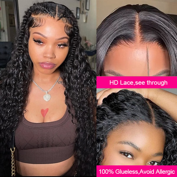 Pre Bleached Knots Glueless Human Hair Wigs Water Wave 13x6 HD Lace Front Wigs