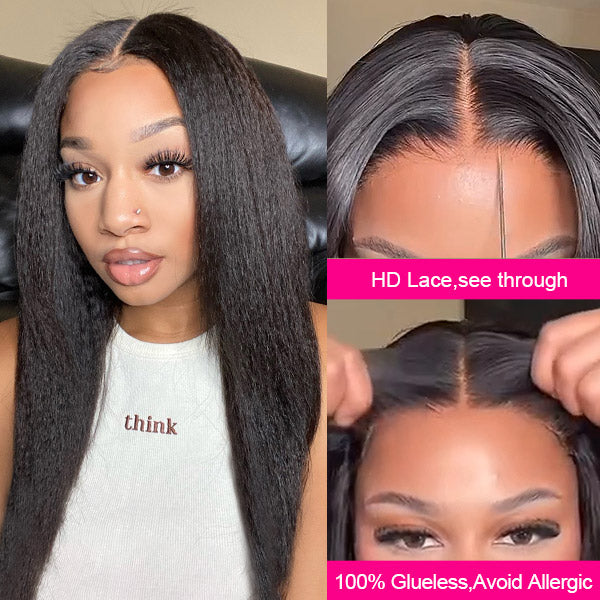 Kinky Straight Wear &amp; Go Wigs Yaki Hair HD Transparent 13x6 Lace Front Wigs Pre Bleached Knots