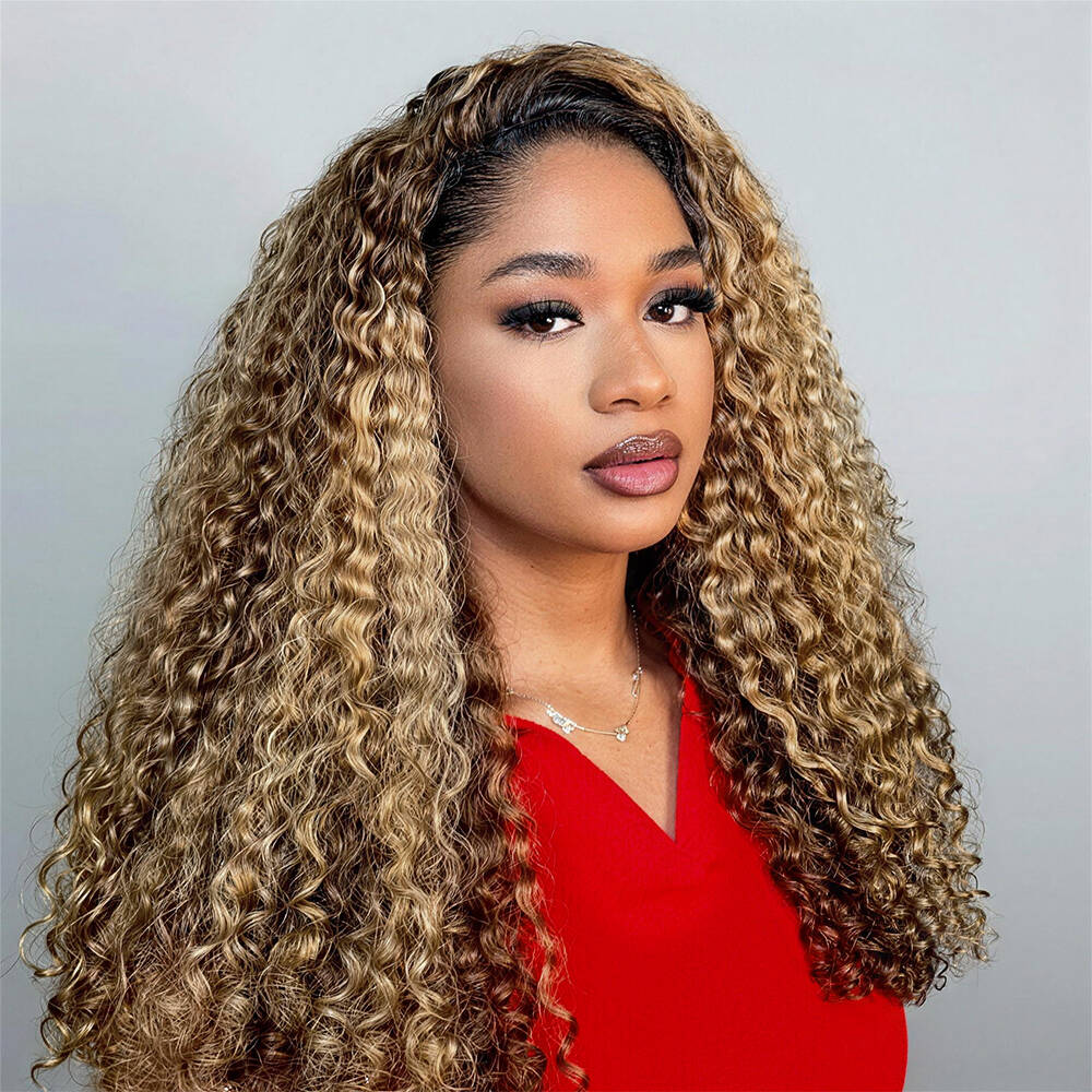 Hairsmarket P4/27 Highlight Color Burmese Curly Ready To Wear Glueless Half Wig Install With Elastic Drawstring Beginner Friendly
