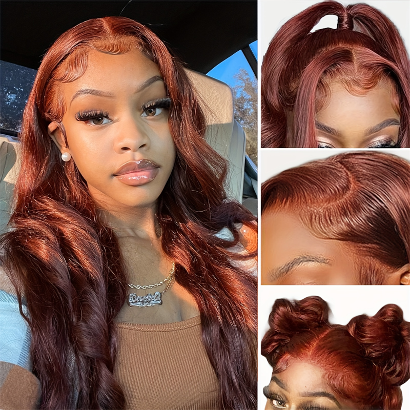 Hairsmarket Reddish Brown Body Wave Human Hair Wigs HD Transparent 13x6 Lace Front Glueless Wigs