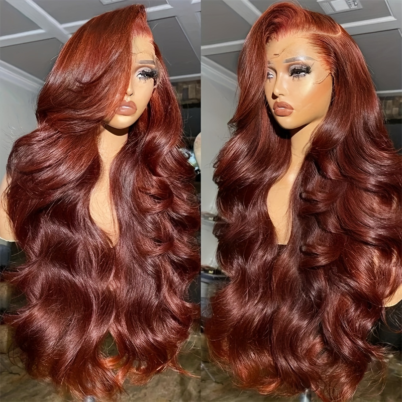 Hairsmarket Reddish Brown Body Wave Human Hair Wigs HD Transparent 13x6 Lace Front Glueless Wigs