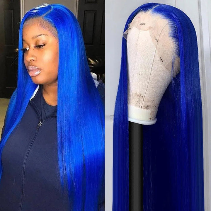 Blue Wig 13x4 HD Lace Frontal Wig Bone Straight Human Hair Colored Wigs