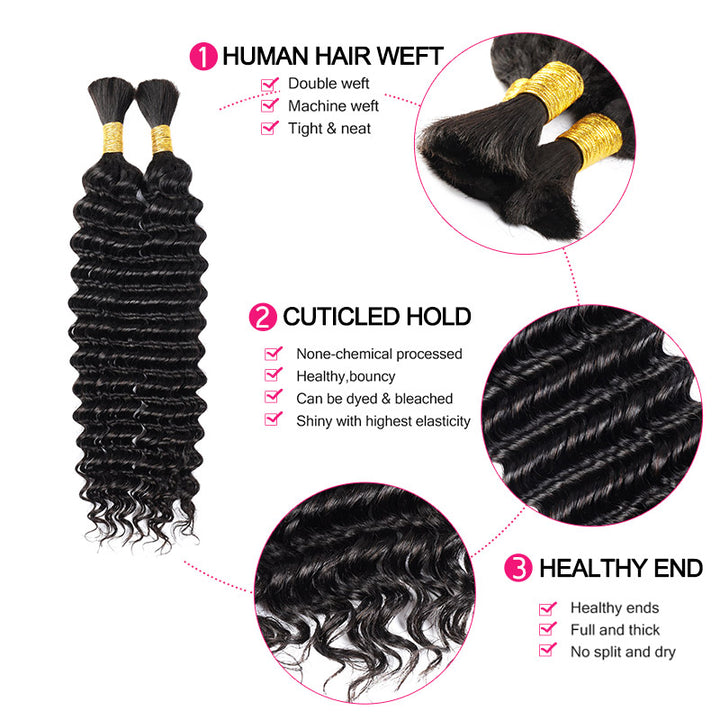 Deep Wave Bulk Human Hair 3 Bundles 100% Virgin Hair Extensions For Braiding