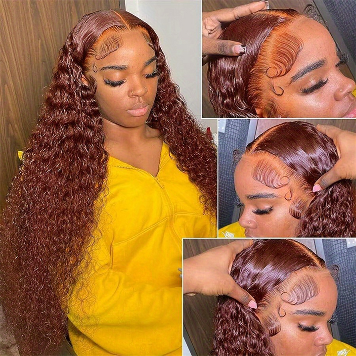 Hairsmarket #33 Reddish Brown Deep Wave Glueless Wigs HD Transparent 13x6 Lace Front Wigs