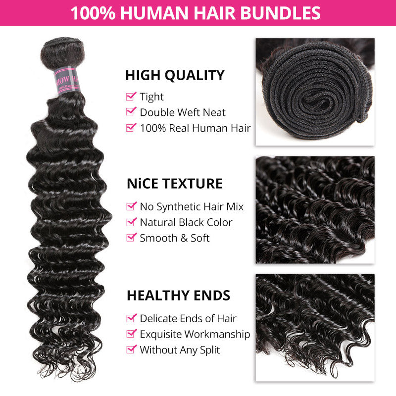Hairsmarket Deep Wave Bundles with Closure Brazilian Hair 3 Bundles with 4x4 Lace Closure Virgin Hair Weave