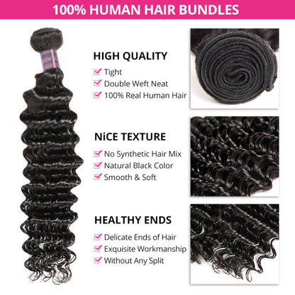 Hairsmarket Deep Wave Bundles with Closure Brazilian Hair 3 Bundles with 4x4 Lace Closure Virgin Hair Weave