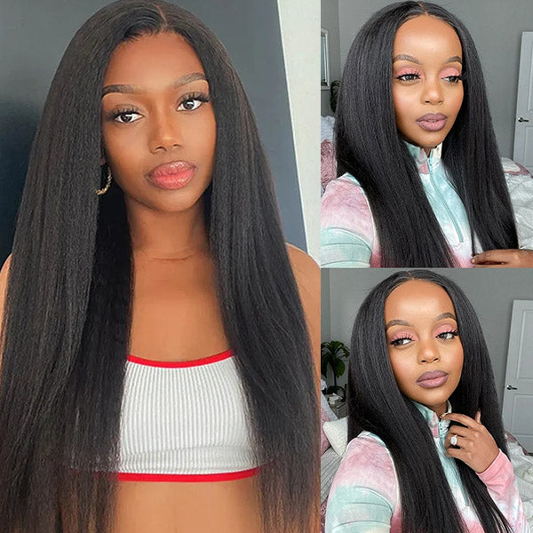 Glueless Wigs Kinky Straight 4x4 HD Lace Closure Wig Pre Cut Lace With Elastic Band