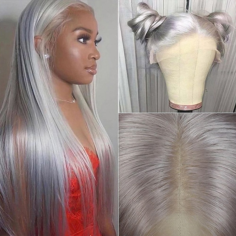 Grey Human Hair Wig Straight Hair 13x4 HD Lace Frontal Wig Colored Human Hair Wigs
