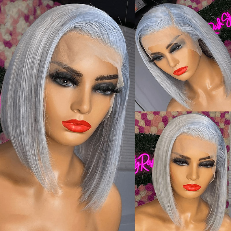 Grey Silver Bob Wigs Straight Human Hair Wig 13x4 HD Lace Frontal Bob Wigs