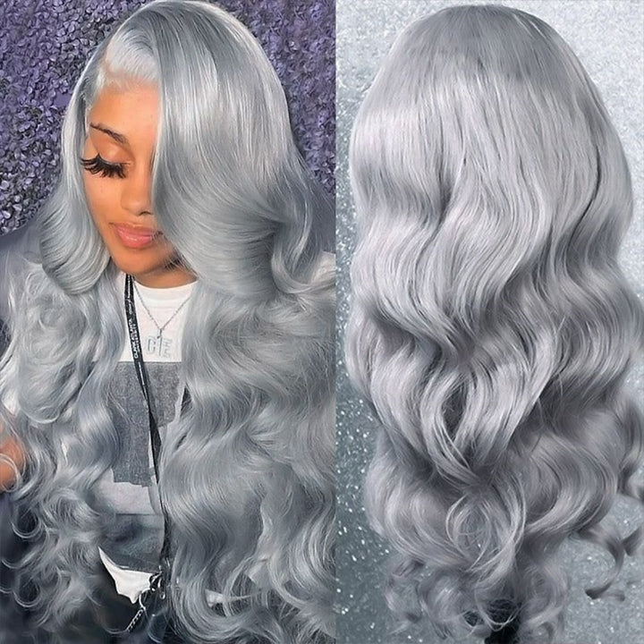 Silver Grey Body Wave Lace Front Wig Transparent HD Human Hair Colored Wigs