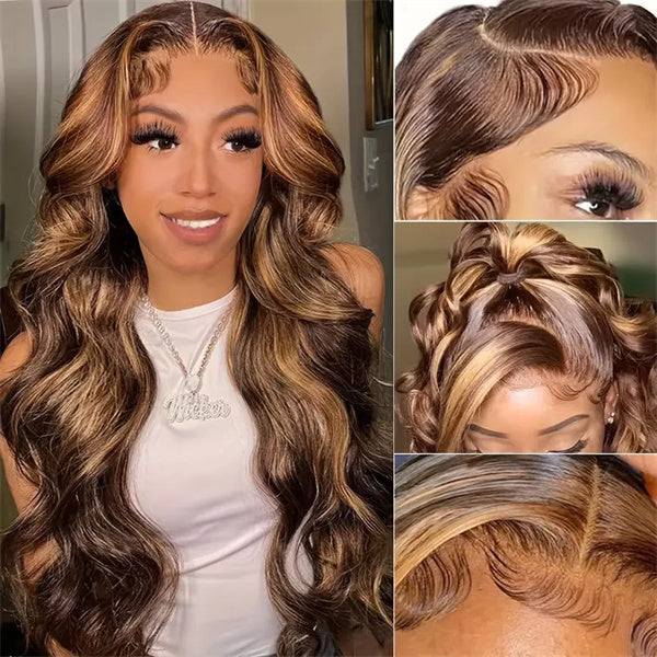 HD Lace Highlight Wig 4x4 Lace Wig Body Wave Human Hair Wigs 5x5 Lace Closure Wigs 180% Density