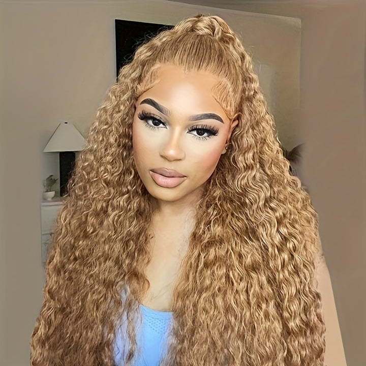 Deep Curly 13x4 Lace Frontal Wigs #27 Honey Blonde HD Glueless Human Hair Wigs Pre-Plucked Beginner Friendly