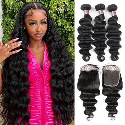 Hairsmarket Loose Deep Wave Bundles with Closure Peruvian Hair 3 Bundles with 4x4 Lace Closure Virgin Human Hair