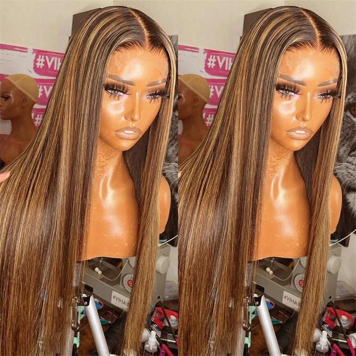 Straight Hair Wear & Go Glueless Wigs P4/27 Highlights 13x6 Lace Front Wigs Bleached Knots Human Hair Wig