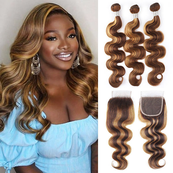Overnight Shipping P4/27 Highlight Body Wave 3 Bundles With 4x4 Lace Closure