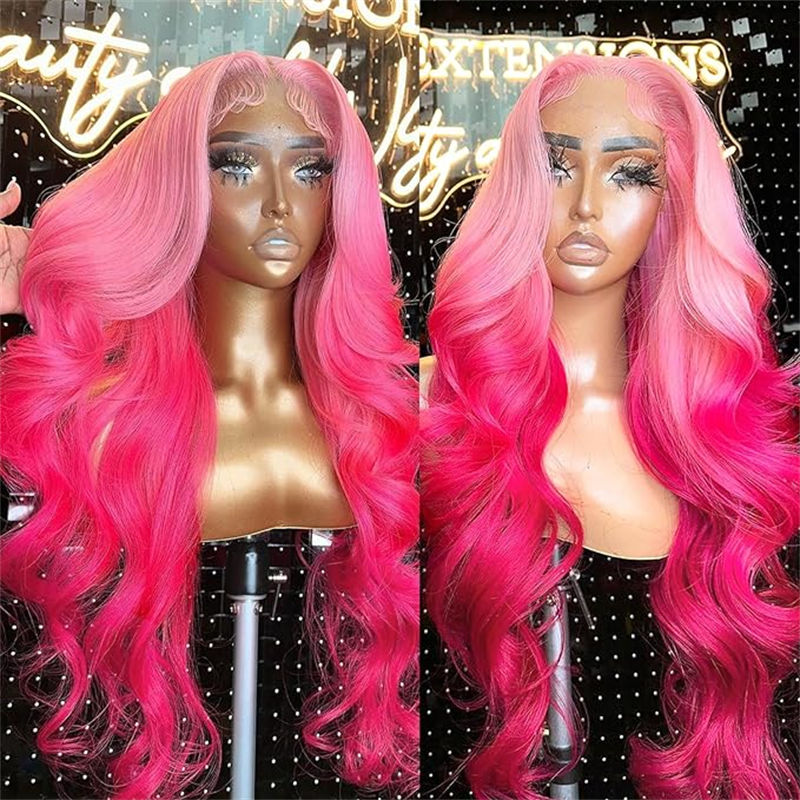 Barbie Pink Body Wave Lace Front Wig Ombre Rose Pink Pre Plucked Glueless Wigs