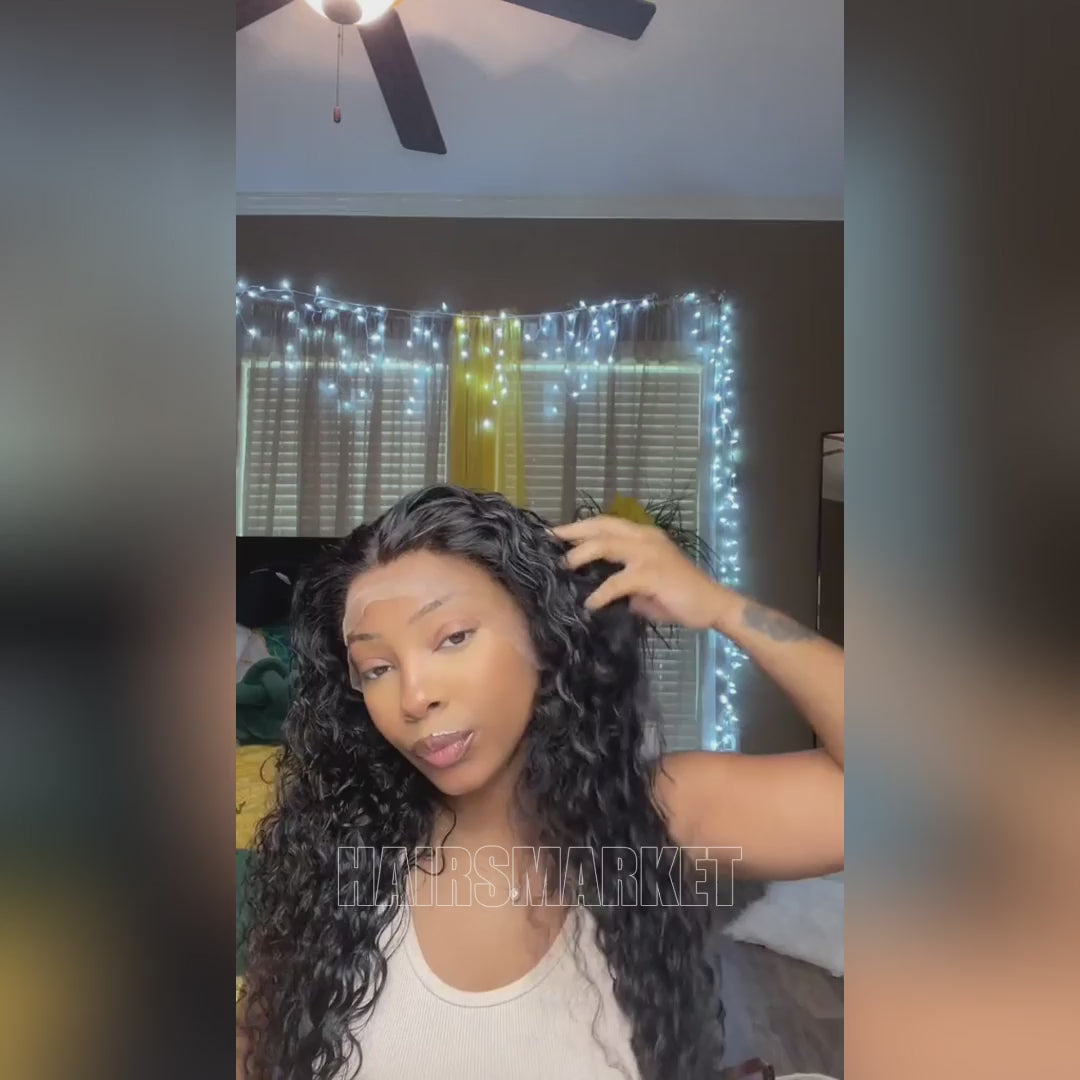 Hairsmarket Water Wave Easi Drawstring 13x4 Lace Frontal Wig Put On and Go No Glue Wig 180% Density