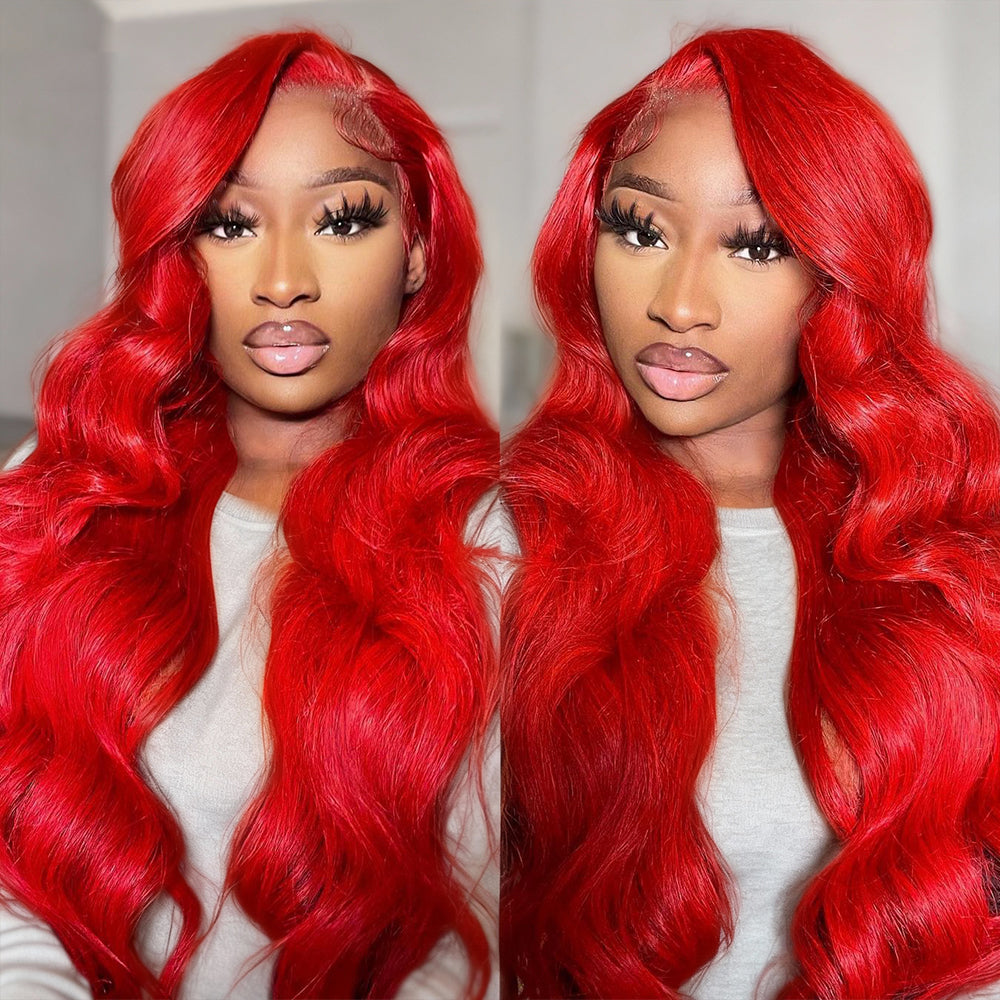 Hairsmarket Red Colored 13x6 Lace Front Wig Straight Body Wave Human Hair Wigs