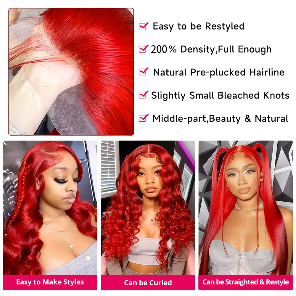 Hairsmarket Red Colored 13x6 Lace Front Wig Straight Body Wave Human Hair Wigs