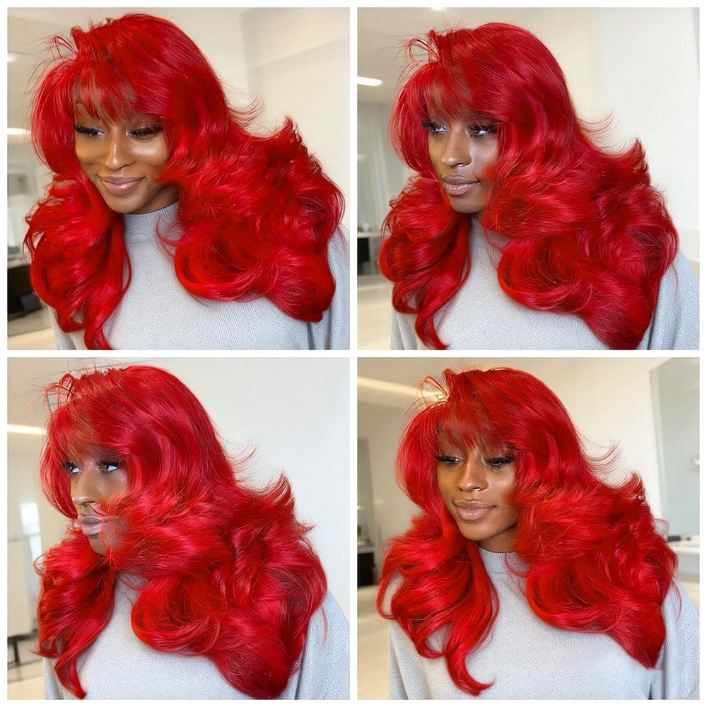 Hairsmarket Red Colored 13x6 Lace Front Wig Straight Body Wave Human Hair Wigs