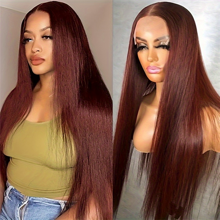 Hairsmarket Reddish Brown Glueless Wigs Straight Hair 13x6 Lace Front Wigs HD Transparent Colored Wigs