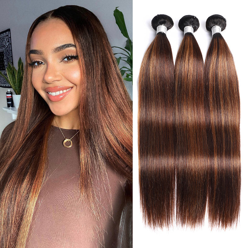 Straight Human Hair Brown Balayage Highlight Color Hair 3 Bundles