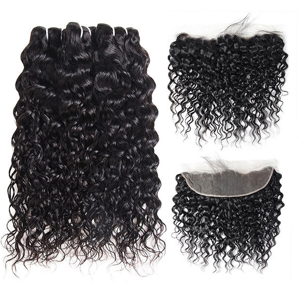 Water Wave Human Hair 3 Bundles with 13x4 HD Lace Front Closure