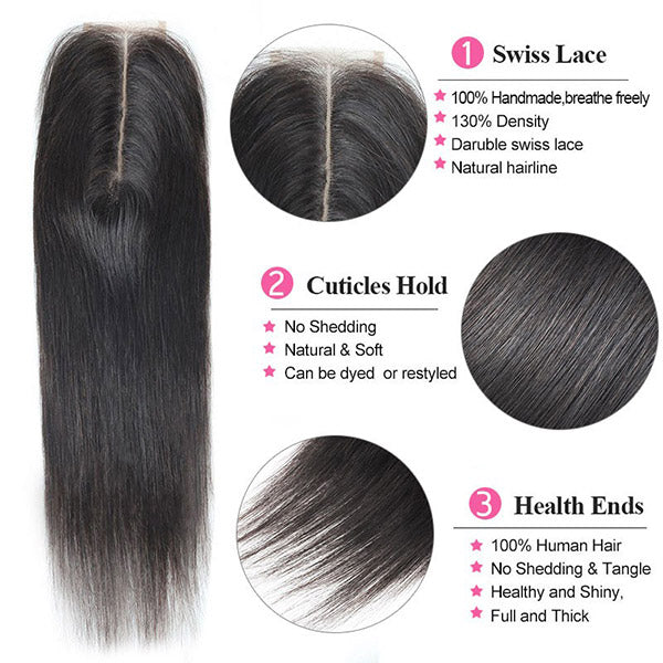 8A Quality Straight Human Hair 3 Bundles With 2*6 Lace Closure