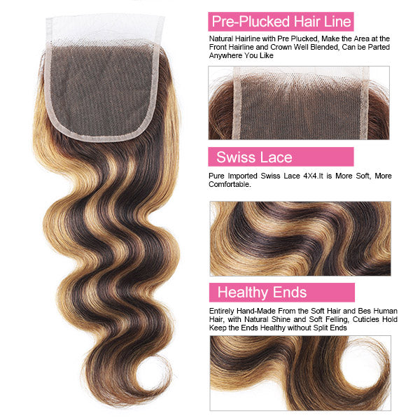 Highlight Body Wave Human Hair 3 Bundles with Lace Closure P4/27