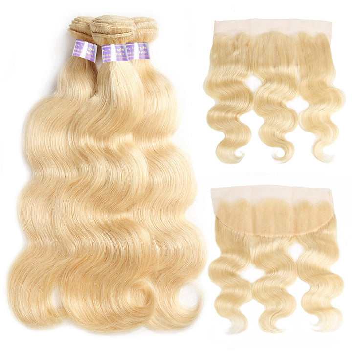 Virgin Body Wave 613 Blonde Human Hair 3 Bundles With Lace Frontal