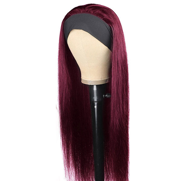Long Headband Wig 99J Human Hair Wigs With Headband 180% Density