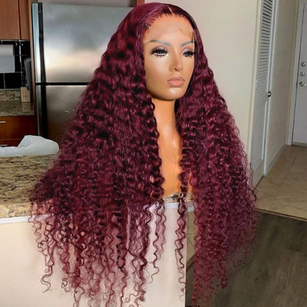 Deep Wave 13x6x1 HD Lace Wigs Burgundy 99J Color Human Hair Wigs